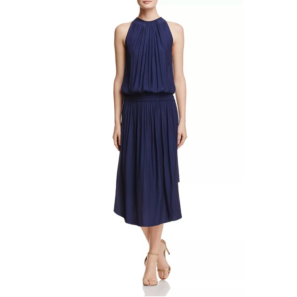Ramy Brook Audrey Smocked Midi Dress $425 size M navy